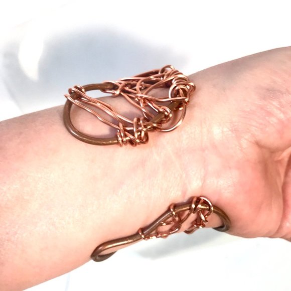 Brutalist Huge Genuine Amethyst Geode Drusy Gemstone Wire Wrapped Copper Cuff - Picture 6 of 7